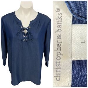 Christopher & Banks Top Womens Large Chambray Lattice Shirt Work Office Casual